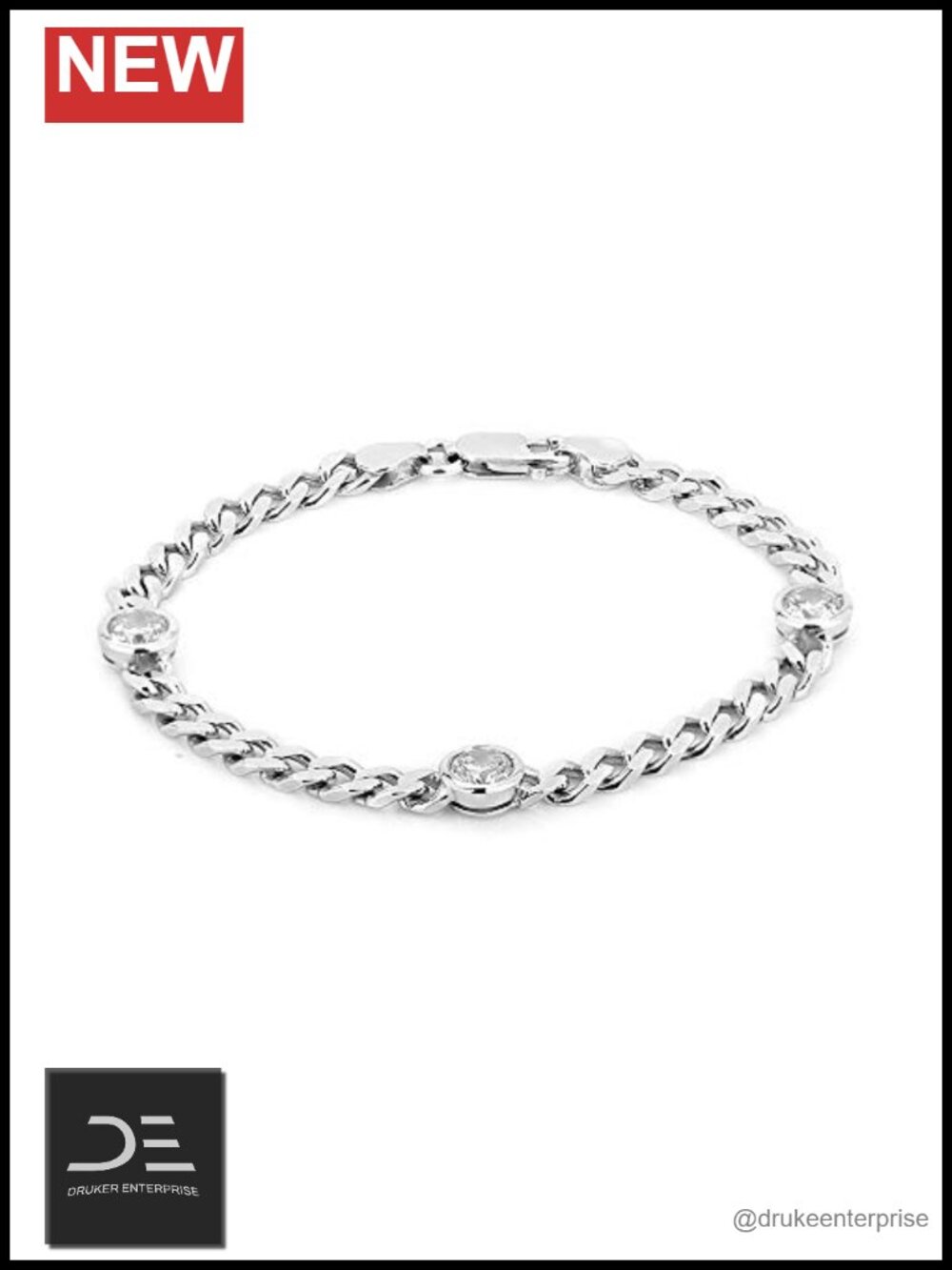 Sterling Silver Curb Chain Bracelet 925 Stamp Rhodium Plated Cubic Zirconia